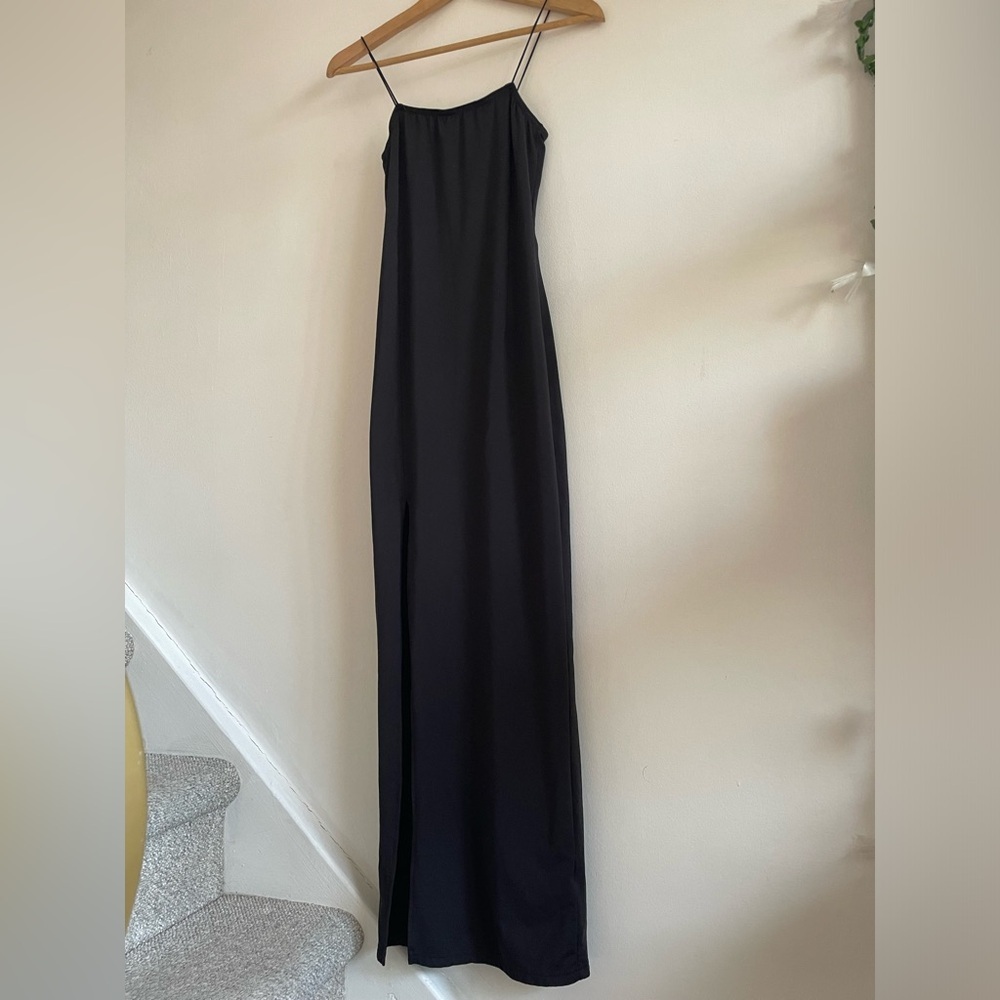 Y2K Black Slip 90s Quiet Luxury Old Money Maxi Dress with Thigh High Side Slit